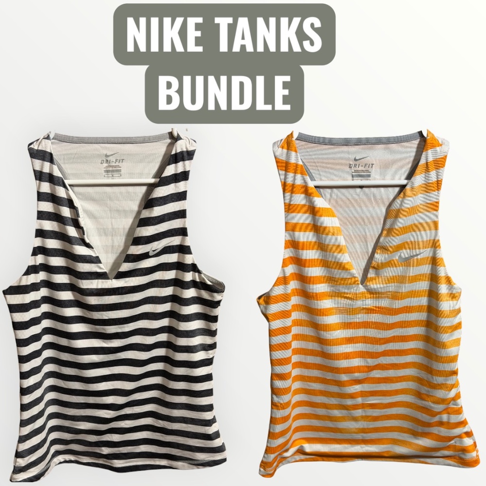 Nike Dri-FIT Tank Tops Bundle – Black/White & Orange/White Striped V-Neck Tanks